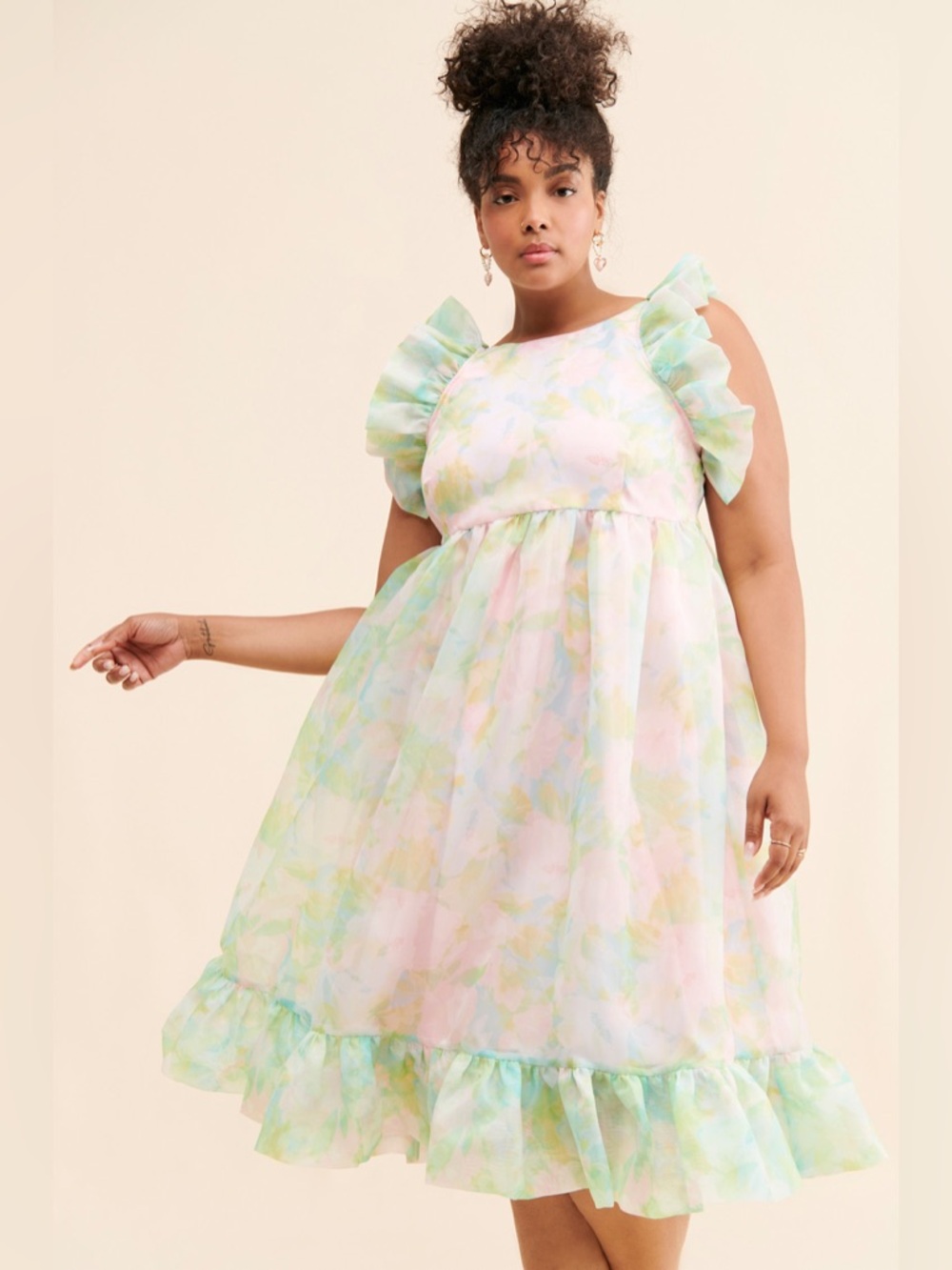 Selkie Maison Amory Ruffle Romance Midi Dress Green Pink Pastel Paints Size M - Picture 3 of 9